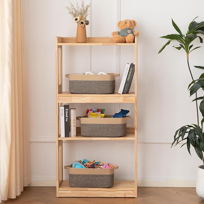 OIAHOMY 3 Pack Storage Baskets for Organizing, Woven Cotton Rope Basket for Shelves, Closet Organizer Bins with Handles, Rectangle Toy Organization, 13.78''×9.84''×5.5'', Brown & Black