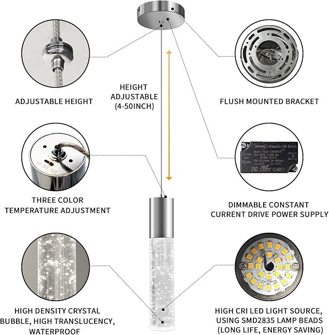 OKELI Modern Pendant Lights,3 Color LED Bubble Crystal Island Light Fixtures,Chrome Mini Pendant Lighting for Kitchen Island,Bar,6W,3000-6000K,ETL,3 Pack