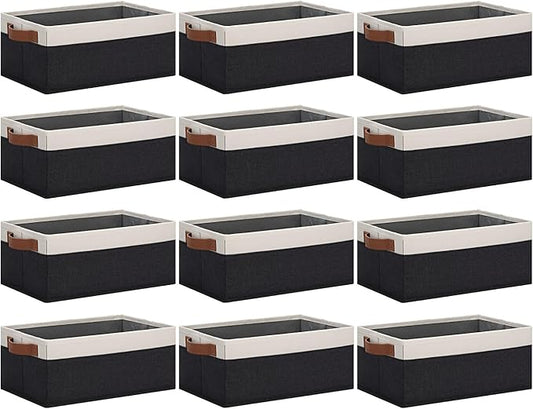 GhvyenntteS Storage Baskets for Shelves 12 Pack, Fabric Storage Bins with Leather Handles, Foldable Rectangular Storage Baskets for Organizing Home, Office (Black/White, 11.8" x 7.87" x 5.11")