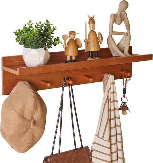 Wall Mounted Hook with Shelf,23.62in Entryway Wall Hanging Shelf,Solid Wood Coat Hooks,for Bathroom, Kitchen,Cherry Wood Color YD-WS0260C