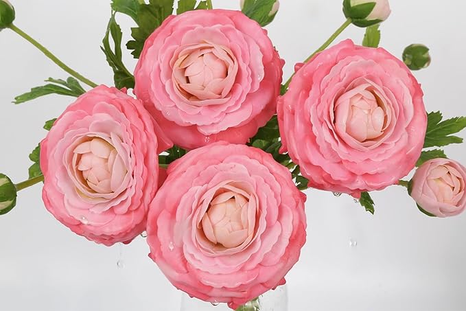 IPOPU 4PCS Real Touch Hot Pink Ranunculus Artificial Flowers Faux Ranunculus Flowers for Vase Real Look Silk Peonies Fake Peony Flowers for Home Indoor Wedding Centerpieces for Table Decor (Rose Red)