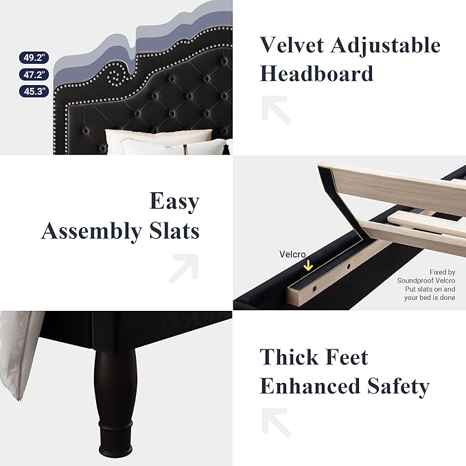 Allewie King Bed Frame with Adjustable Velvet Tiara Headboard, Upholstered Diamond Button Tufted Platform Bed, Wood Slats Support, No Box Spring Needed, Mattress Foundation, Easy Assembly, Black
