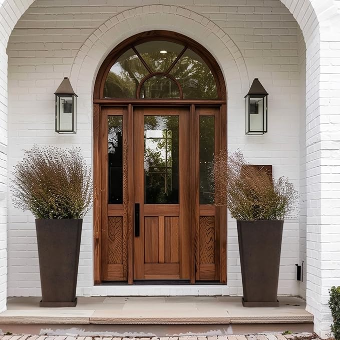 LA JOLIE MUSE 26 inch Tall Planters for Outdoor Plants,Set of 2 Tapered Planters with Trays,Iron Plastic Rectangular Tall Planters for Front Door, Patio and Deck, 26'' Iron With Tray