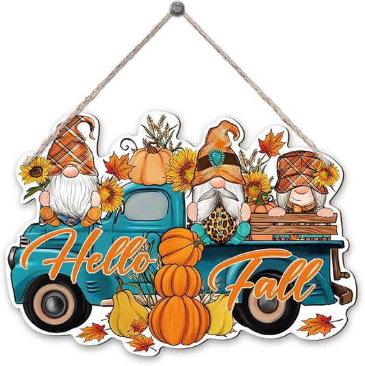 Hello Fall, Wood Hanging Gnome Decoration, Hello Fall Wood Hanging Decors, Rustic Thanksgiving Decors for Porch, Indoor Outdoor Autumn Door Decor(Truck), Housewarming Gift, Home Indoor Outdoor Decor