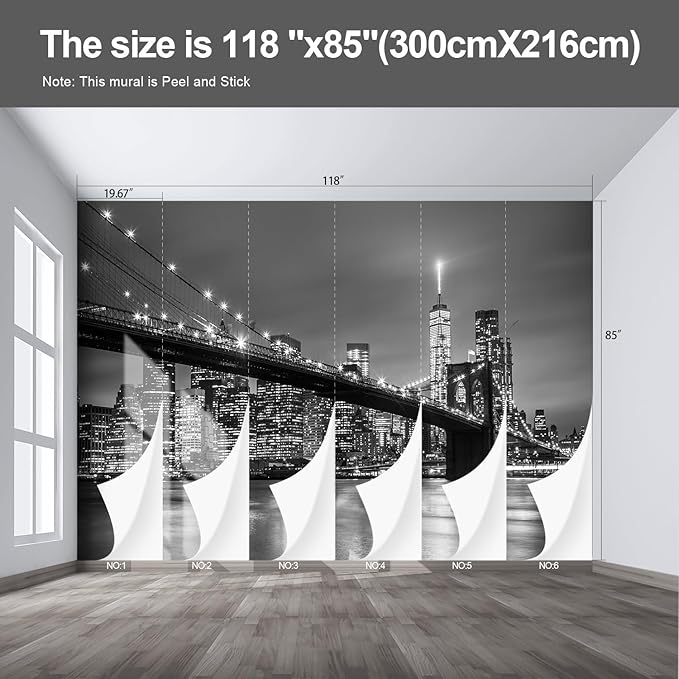 Gray Brooklyn Bridge at Night NYC Wall murals New York Peel and Stick Wallpaper for Bedroom Living Room - 85"x118"
