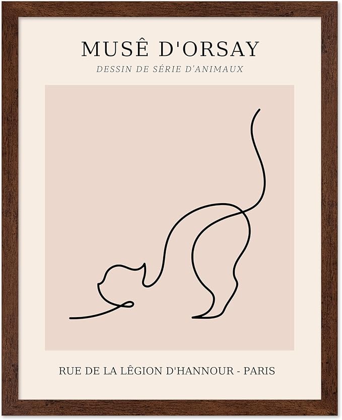 Poster Master Vintage Poster - Retro One Line Cat Drawing Print - Cat Art - Minimal Gift for Men, Women, Animal Lover - Abstract Wall Decor for Home, Office, Bedroom, 11x14 Brown Framed