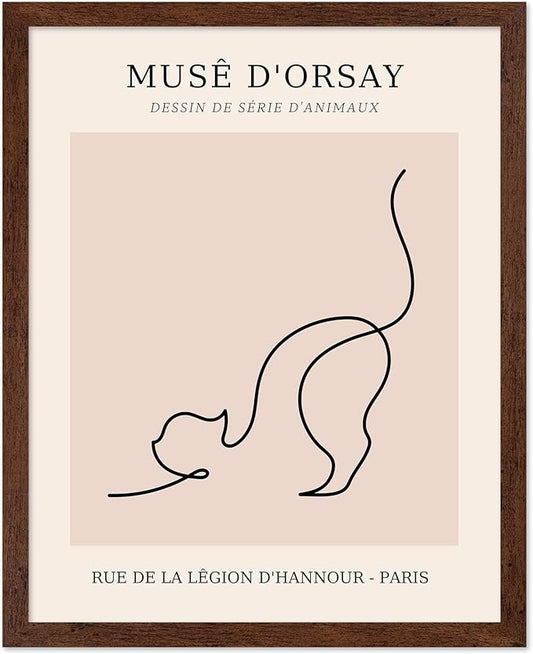 Poster Master Vintage Poster - Retro One Line Cat Drawing Print - Cat Art - Minimal Gift for Men, Women, Animal Lover - Abstract Wall Decor for Home, Office, Bedroom, 11x14 Brown Framed