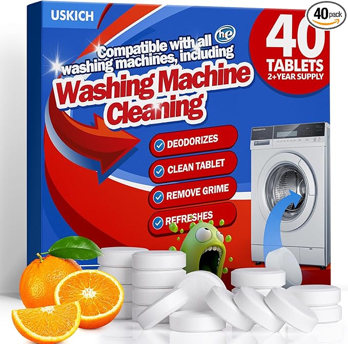 USKICH Washing Machine Cleaner Descaler 40 Pack-Deep Cleaning Tablets For HE Front Loader & Top Load Washer,Washer Machine Cleaning Tablets Clean Inside Drum and Laundry Tub Seal,Septic Safe