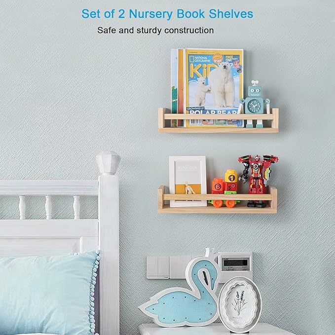 Nursery Floating Book Shelves for Kids Room, Kitchen Spice Rack, or Rustic Wall Mounted Shelves for Farmhouse Bathroom Decor (Natural Wood),Set of 2