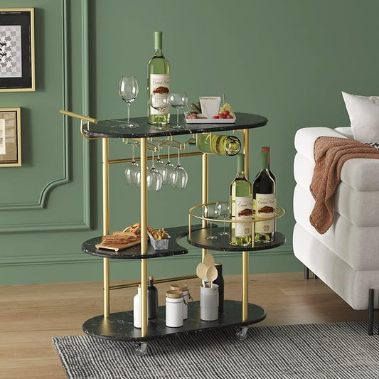 Black Bar Carts with 4-Tier Storage Shelves, Mobile Bar Serving Cart with Wine Rack and Glass Holder, for The Home, Kitchen, Living Room, Dining Room