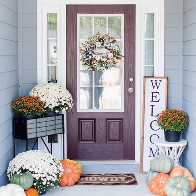 Fall Wreath for Front Door,20 inch White Pumpkin Door Wreath with Truck and Bow, Harvest Porch Decor, Fall Decoration Indoor Outdoor,