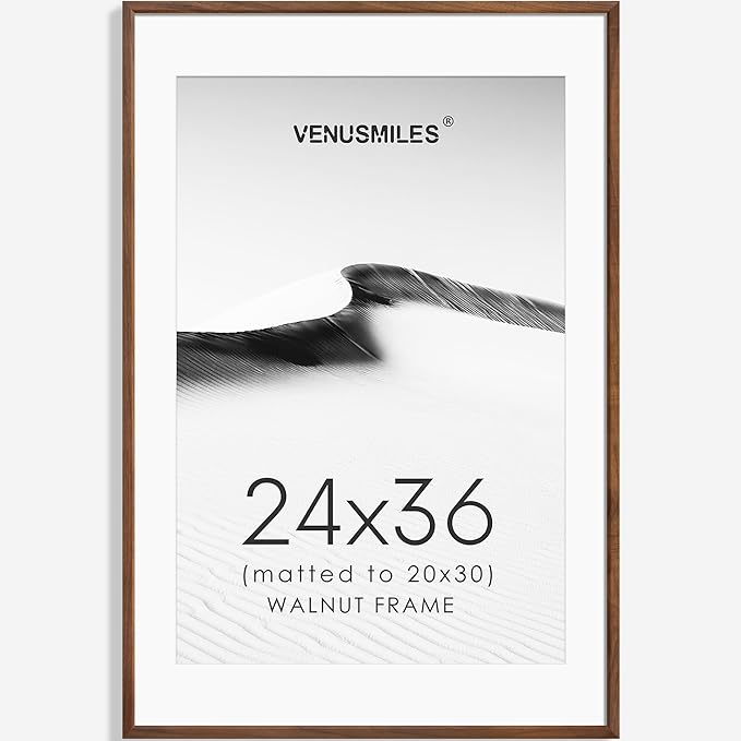 24x36 Poster Frame Natural Solid Walnut Photo Frames with 20x30 Removable Mat Wall Hanging Large Handcrafted Frame with HD Plexiglass Wall and Tabletop Display Large Picture Frame