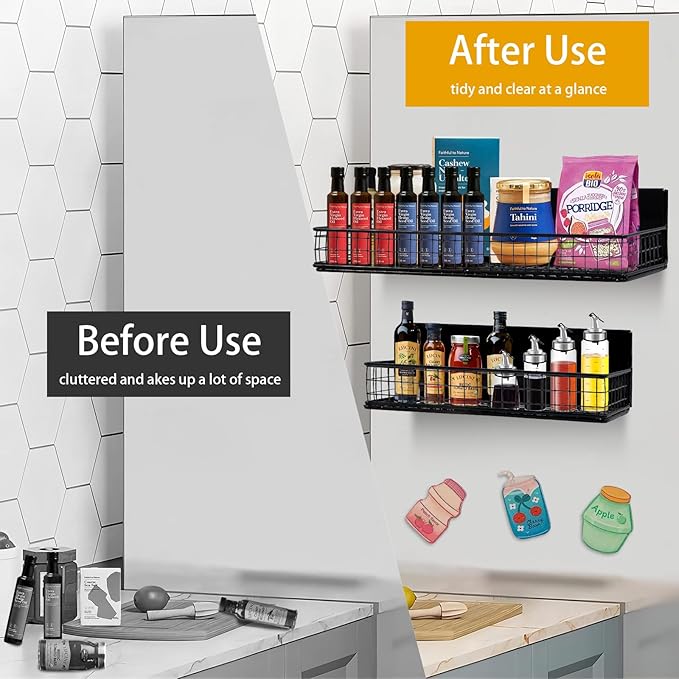 Magnetic Storage Basket, Magnetic Shelf for Fridge,Magnetic Spice Rack Wire Mesh Magnetic Organizer Holder Accessories for Office Kitchen Classroom Storage, Black-Short, Large x1&Small x1 Set of 2