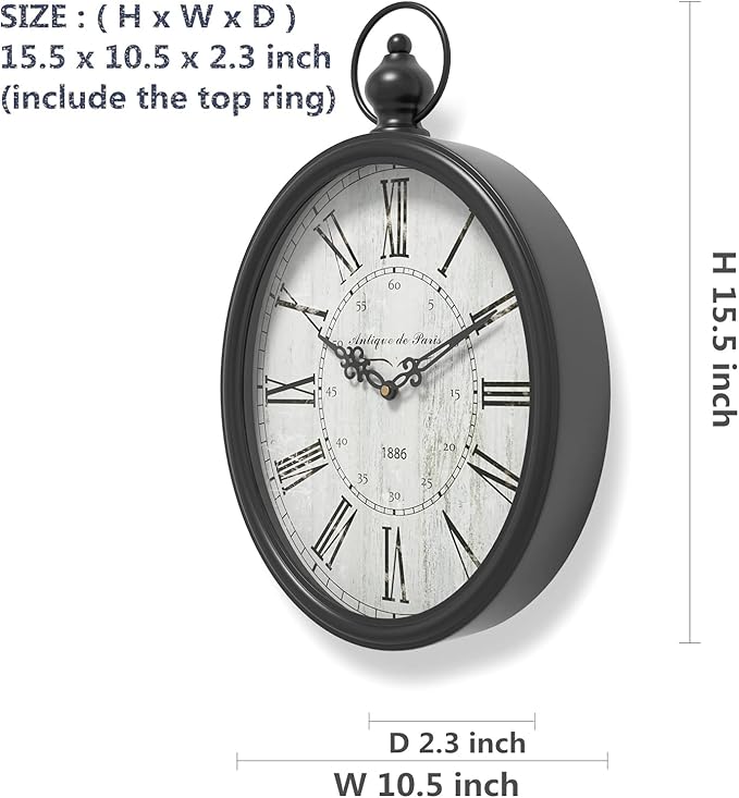 Menterry Oval Retro Wall Clock, Rustic Vintage Style, Black Antique Design, Battery Operated Silent Decor Large Wall Clocks for Kitchen,Farmhouse,Office (15.5" H x 10.5" W)