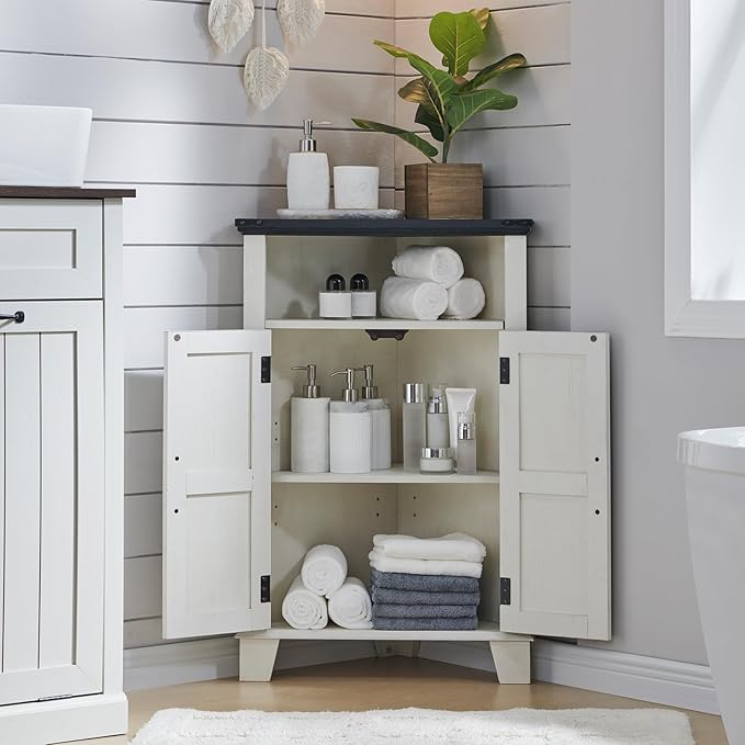 Corner Bathroom Cabinet, Farmhouse Small Corner Cabinet with Barn Door & Adjustable Shelf, Storage Cabinets for Bathroom, Kitchen, Living Room, Off White