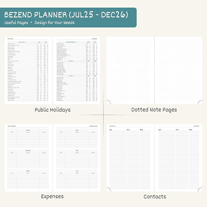 BEZEND Planner 2025-2026 Weekly and Monthly, 5.8" x 8.5" Academic Calendar (Jul 25-Dec 26) Vertical Daily Appointment with Hourly Timeslot & Monthly Tab, PU Leather Hardcover - Dark Green
