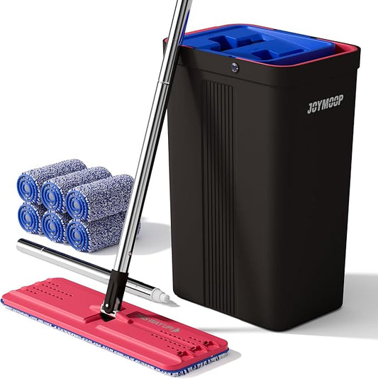 JOYMOOP Mop and Bucket with Wringer Set, Hands Free Flat Floor Mop and Bucket, with 6 Washable Microfiber Pads, Wet and Dry Use, Floor Cleaning System - Black+Red+Slate Blue
