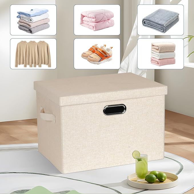 Large 17" 36 Quart Collapsible Stackable Storage Bins with Lids, 3 Packs Light Orange Linen Fabric Closet Boxes with Lids, Storage Cube Baskets Container Organizers for Office (17x12x11)