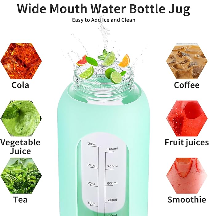 32 oz Glass Water Bottle with Straw and Handle, Sports Motivational Water Flask with Silicone Sleeve, Large Leakproof Water Flask Cup with Time Marker for Travel, Gym, Navy