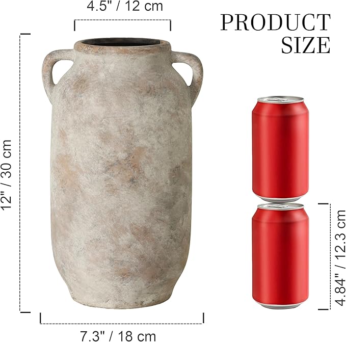 Large Flower Vase Home Decor - 12 inch Tall Ceramic Farmhouse Rustic Table Vases with Handle Living Room Decoration Decorative Modern Vintage for Floor Kitchen Shelf Coffee Dining Desk Fireplace
