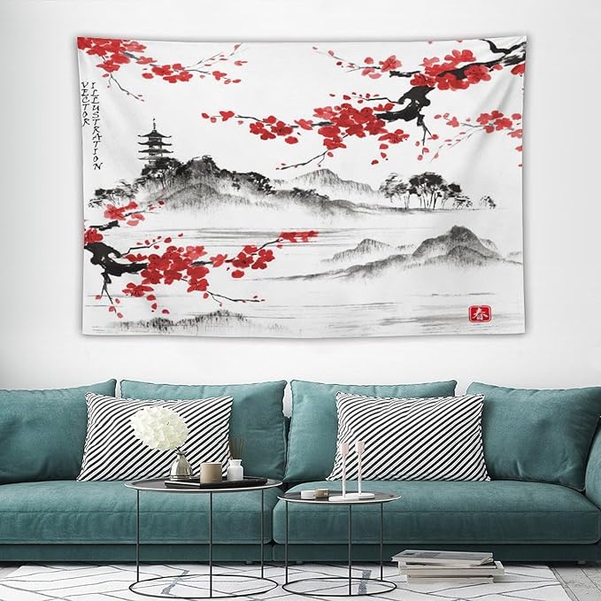 Cherry Blossoms Tapestry, Japanese Fuji Mountain Tapestry, Asian Japanese Wall Tapestry, Nature Landscape Tapestries for Bedroom Living Room Decor 90"x60"