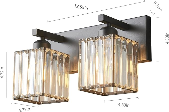 Modern Bathroom Vanity Light 2-Lights Black Crystal Bathroom Wall Light Vanity Light Fixtures，12.59-inch Modern Minimalist Design