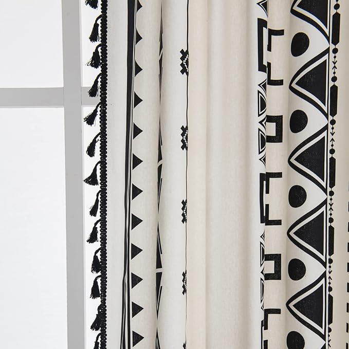 Sutuo Home Black and White Boho Curtain 84 Inches Length for Bedroom, Printed Cotton Linen Geometric Rod Pocket Chic Semi Blackout Bohemian Tassels Window Treatment, 1 Panel 59" W x 84" L