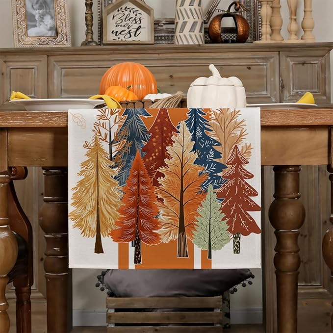 GEEORY Fall Watercolor Tree & Maple Leaves Striped Table Runner 13x36 Inch, Rustic Farmhouse Autumn Thanksgiving Decor for Kitchen, Dining, Indoor/Outdoor Holiday Dinner Party Orange GT157-36