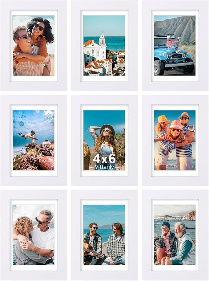 Vittanly 4x6 Picture Frames Set of 9, Shatter Resistant Plexiglass, Display 3.5x5 Pictures with Mat or 4x6 without Mat, Photo Frames for Wall or Tabletop, Engineered Wood, White