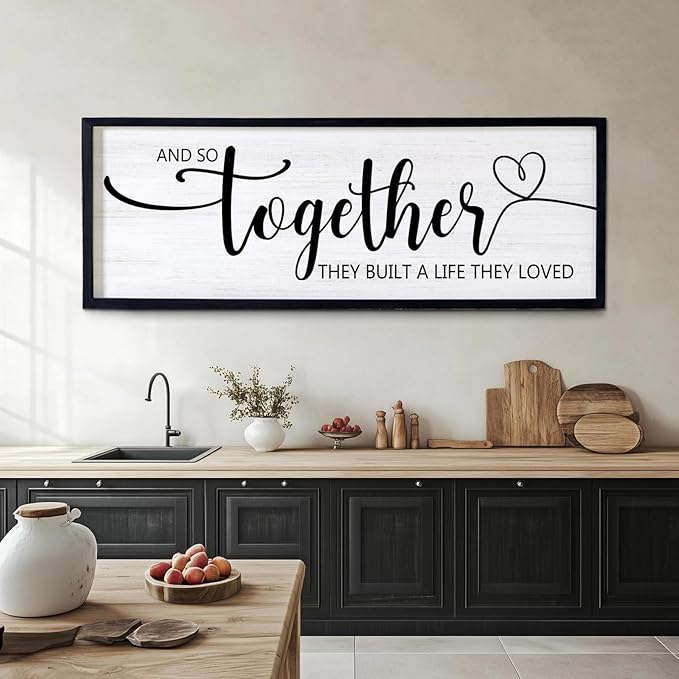 And So Together They Built A Life They Loved Decorative Rustic Sign & Plaque Framed Wall Art for Couples, 40''×15' Vintage 'Wooden Long Wall Decor Above Bed, Horizontal Farmhouse Wedding Gift