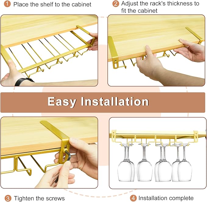 AUHOKY Adjustable Wine Glass Holder Under Shelf, Nail Free Metal Stemware Holder Storage Hanger, Hanging Wine Glasses Rack Organizer Under Cabinet Mount for Bar Kitchen (4 Rows, Gold)