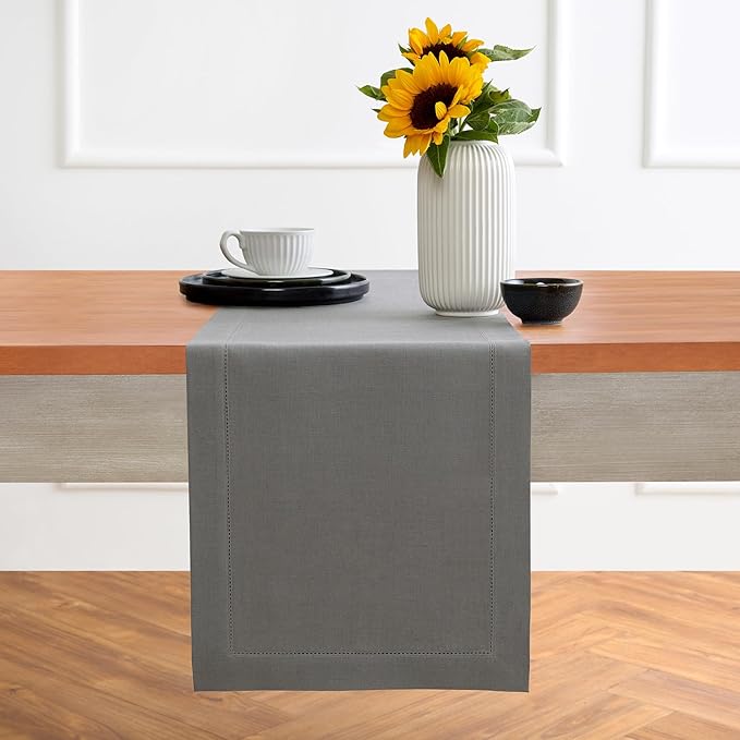Solino Home Linen Steel Gray Hemstitch Table Runner 36 Inches - 100% Pure Linen Small Table Runner 14 x 36 Inch Ideal for Dresser and Coffee Tables - Classic Hemstitch - Fall, Autumn, Halloween