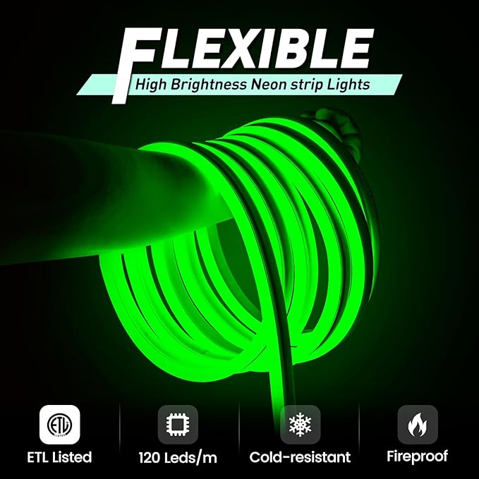 GZBtech Flexible LED Neon Rope Lights 66FT,AC 110-120V Waterproof Strip Light, 120 LEDs/M Cuttable Connectable Neon Lighting for Indoor Outdoor Home Decor/Commercial Building Use-Green 20M