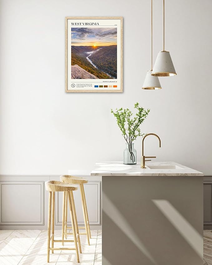 HesenDot Natural OAK Wood Framed West Virginia Wall Art,12x16in New River Gorge Quality Canvas Wall Print,Classic Urban Landmark Wall Decor for Living Room,Bedroom,Office Gallery Gifts Set of 1