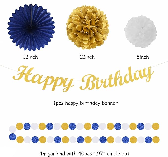 Navy-Blue Gold Birthday Party-Decorations Paper-Flowers - 14pcs Happy Banner Royal Lanterns Tissue Pom Poms,Men Streamers Garland Fans Honeycomb,Teen Boys Male Kids Hanging Supplies Decor Hugfond