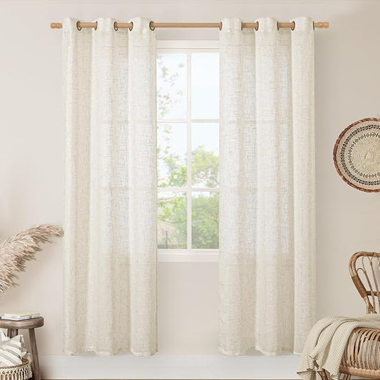 LAMIT Natural Ivory Linen Curtains for Doorway, 80 inch Length Light Filtering Semi Sheer Drapes Bronze Grommet Neutral Panels for Bedroom/Living Room, 34 x 80 Inch, 2 Panels