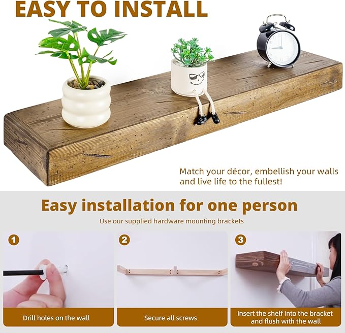 Floating Shelves 3 inch Thick for Wall Set of 2,Solid Pine Wood Wall Mount Shelf for Kitchen Living Room Bedroom Bathroom,8" D x 24" L x 3" H-Distressed Black Walnut