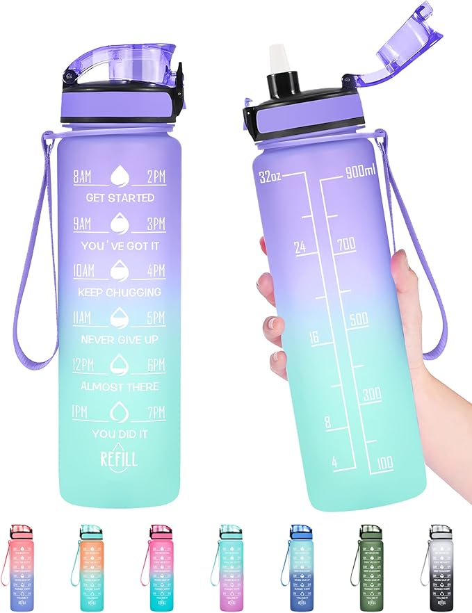 Enerbone Water Bottle, Leakproof BPA & Toxic Free, Motivational Water Bottle with Times to Drink and Straw, Fitness Sports Water Bottle with Strap for Office, Gym, Outdoor Sports