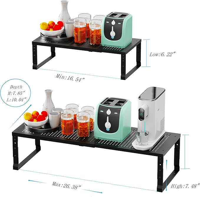 Expandable Spice Rack Kitchen Cabinet Shelf Organizer, Stackable Storage Shelves Racks, Adjustable Counter Shelving for Cabinets, Countertop, Cupboard,Pantry and More(1Pack/Black/Large)