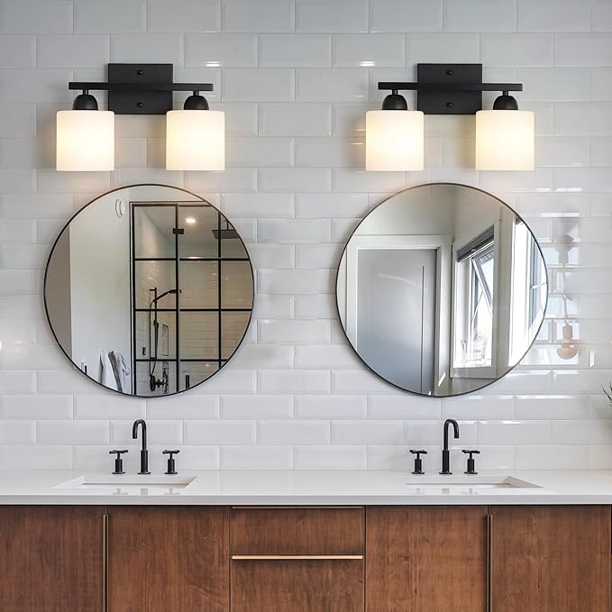 Milk Glass Vanity Lights for Bathroom, 2 Light Matte Black Bathroom Light Fixtures Over Mirror, Ceramic E26 Sockets Wall Mounted