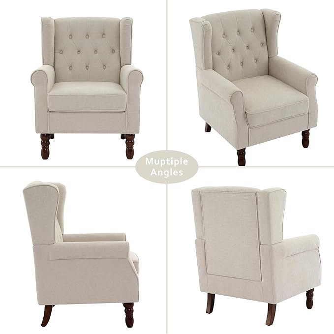 Lumibee High Back Accent Chair,Upholstered Wingback Armchair with Solid Wood Legs for Small Spaces,Comfy Single Sofa Chair for Living Room,Bedroom,Office-Beige