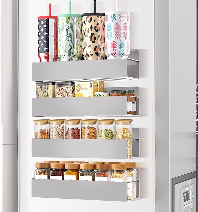 Magnetic Spice Rack Organizer for Fridge Seasoning Organizer for Kitchen Storage With Screw Magnetic Shelf for Oven, RV,Garage,Bathroom (Grey, 4pack)