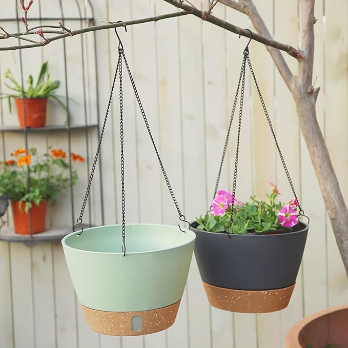 ZMTECH 10 Inch Hanging Planters for Outdoor Plants, Hanging Pots for Plants Indoor with Visible Water Level, Hanging Flower Basket with Drainage Holes & Removable Tray(2 Pack, Gray)