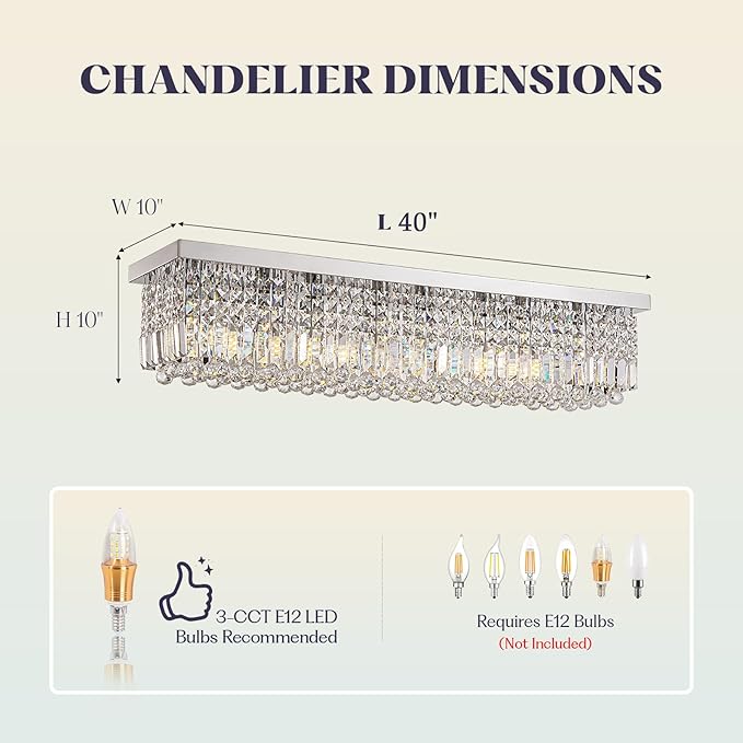 Modern Crystal Chandelier, 8-Lights Rectangle Chandelier Rectangular Flush Mount Pendant Ceiling Light Fixture K9 Crystal Raindrop Chandeliers for Dining Living Room Kitchen Island 𝐋𝟒𝟎 𝐈𝐧𝐜𝐡