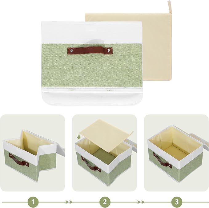 ANMINY Storage Boxes with Lids Washable Decorative Storage Bins Basket with PU Leather Handle Foldable Linen Fabric Storage Cubes Containers for Home Closet Organizer - Green White, Large Size