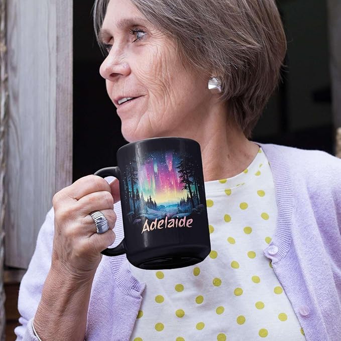 Personalized Winter Landscape Coffee Mug, Custom Northern Lights Ceramic Cup, Enchanted Forest With Vibrant Sky Mug, Custom Choose Name Black Mug 11oz 15oz, Gift For Nature Lovers