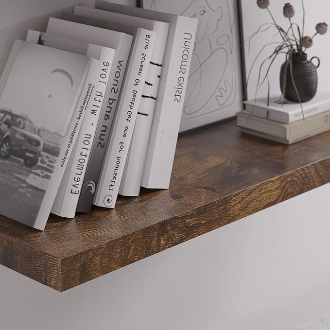 Floating Shelf, Set of 2 Wall Shelf, 36 in W x 12.75 in D x 2 in H Wooden Floating Wall Shelf with Invisible Brackets for Living Room/Bedroom/Bathroom/Kitchen Storage and Decor, Rustic Brown