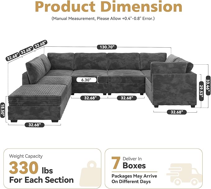 Modular Sectional Sofa with Chaise, U-Shaped 7-Seater Cloud Couch for Living Room, Plush Corduroy Fabric, Includes Movable Ottoman, Beige