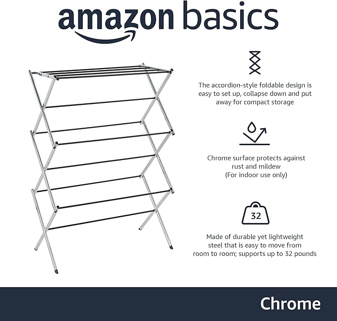 Amazon Basics Foldable Portable Laundry Drying Rack for Indoor Air Drying Clothing, 14.5 x 29.5 x 41.8 inches (LxWxH), Chrome Silver