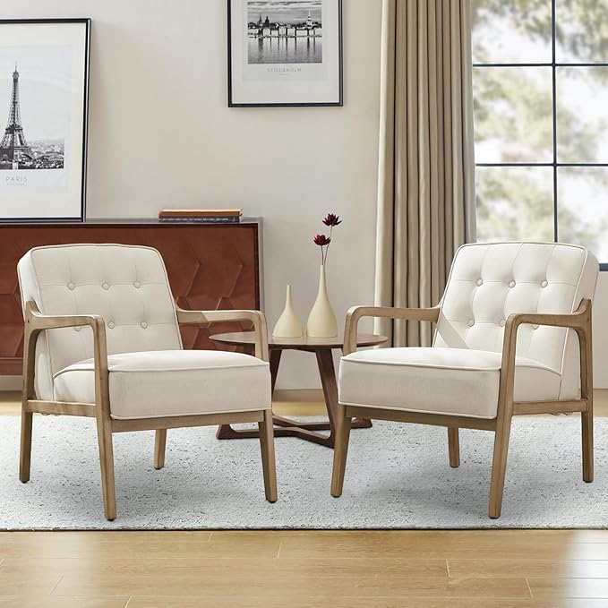 Linen Accent Chair Set of 2, Mid Century Modern Chair for Living Room, Upholstered Comfy Lounge Armchair with Solid Wood Frame, Reading Side Chair for Bedroom,105°Ergonomic Comfort, White